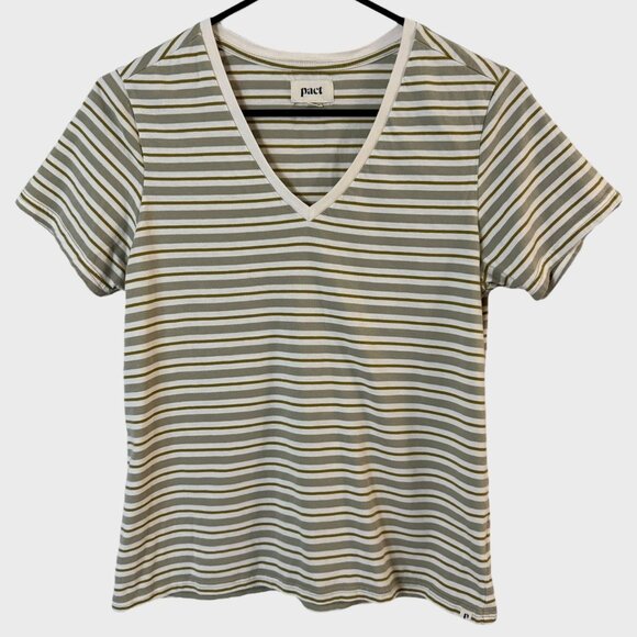 Pact Tops - Pact Organic Cotton Soft-Spun Striped V-Neck T-Shirt Cream & Green Women's Small